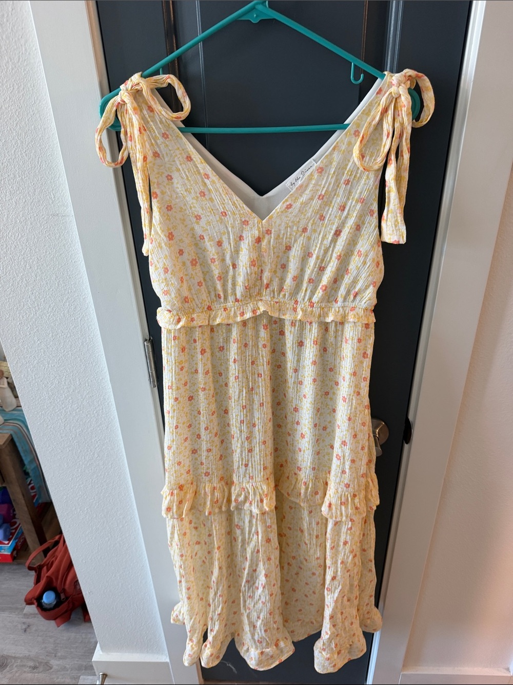 Yellow Floral Midi Dress with Tie Straps